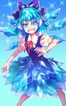  blue_background blue_dress blue_eyes blue_hair bow cirno dress grin hair_ribbon ice ice_wings looking_at_viewer puffy_sleeves ribbon shirt short_hair short_sleeves simple_background smile solo sparkle touhou white_shirt wings zounose 
