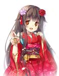  :d brown_hair chinese_zodiac ema flower furisode hair_flower hair_ornament japanese_clothes kimono long_hair miwabe_sakura new_year open_mouth original red_eyes simple_background smile solo white_background year_of_the_horse 