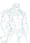  anthro armor beard belt biceps big_muscles blue_eyes bulge chain claws clothing collar facial_hair feline fur goatee hat line_art lokya looking_at_viewer male mammal monochrome muscles nipples pants pecs pose scar sketch solo standing tiger toned topless unzipped vest 