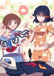  2girls animal_print black_hair blue_eyes bob_cut bow brown_eyes brown_hair bunny_print floral_background grin heart iron kill_la_kill liusang living_clothes mankanshoku_mako matoi_ryuuko midriff multicolored_hair multiple_girls navel one_eye_closed orange_shirt pajamas pleated_skirt red_hair school_uniform senketsu serafuku shirt short_hair skirt smile spoken_heart sweat thumbs_up two-tone_hair undersized_clothes underwear 