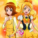  blonde_hair bow bowtie brown_eyes brown_hair cure_honey dual_persona earrings frills hair_bow happinesscharge_precure! jewelry long_hair magical_girl masako_(sabotage-mode) multiple_girls oomori_yuuko orange_background overalls precure puffy_sleeves shirt short_hair skirt smile sparkle wide_ponytail wrist_cuffs yellow_eyes yellow_skirt 