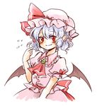  alternate_hairstyle ascot bat_wings blue_hair blush brooch dress flying_sweatdrops jewelry maru_usagi pink_dress pointy_ears puffy_sleeves red_eyes remilia_scarlet sash short_sleeves simple_background smile solo touhou twintails upper_body white_background wings 