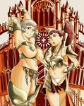  2girls :o armor breasts castle dark_souls dragon_slayer_ornstein executioner_smough genderswap green_eyes grey_hair highres large_breasts long_hair multiple_girls panties ponytail red_eyes red_hair souls_(from_software) underwear 