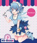  adapted_costume blue_hair bow cirno gloves hair_bow ice ice_cream_cone ice_cream_scoop ice_wings looking_at_viewer maid_headdress maki_(natoriumu) open_mouth puffy_sleeves roller_skates shirt short_sleeves skates skirt solo touhou wings 