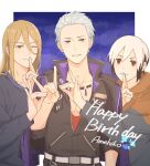  3boys arm_at_side belt birthday black_hair black_jacket blonde_hair blush border breast_pocket center_opening character_name closed_mouth collarbone commentary_request english_text finger_to_mouth fox_shadow_puppet grey_hoodie grey_sweater hand_up hands_up high_collar highres hood hood_down hoodie idolmaster idolmaster_side-m jacket kitamura_sora koron_chris kuzunoha_amehiko light_blush light_smile long_bangs long_hair long_sleeves looking_at_viewer multicolored_clothes multicolored_hair multicolored_hoodie multiple_boys night night_sky official_alternate_costume one_eye_closed orange_hoodie outside_border pectorals pocket purple_eyes red_eyes red_shirt red_undershirt shirt shushing sidelocks sky smile sparkle standing star_(sky) straight-on straight_hair sweater two-tone_hair undershirt upper_body white_belt white_border white_hair yellow_eyes zbzb_sea 