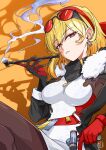  1girl 318_saiha absurdres asymmetrical_gloves blonde_hair bright_pupils earrings eyewear_on_head fur_collar gloves hairband hammer highres holding holding_hammer holding_smoking_pipe hololive hololive_indonesia jewelry kaela_kovalskia kaela_kovalskia_(1st_costume) mismatched_gloves red_eyes red_hairband scarf simple_background smoke smoking_pipe solo sunglasses white_pupils yellow_background 
