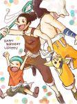  1boy bandanna birthday black_hair goggles hat male male_focus mask multiple_persona older one_piece overalls slingshot smile solo suspenders usopp weapon white_hat younger 
