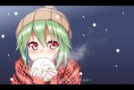  baozi blush breath eating food green_hair hat letterboxed original red_eyes shawl short_hair snowing solo steam takanashi_sora_(soramyon) translation_request 