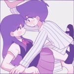  1boy 1girl black_footwear black_sweater_vest blush closed_mouth collared_shirt hero_(headspace)_(omori) hero_(omori) highres long_hair long_sleeves looking_at_another mari_(headspace)_(omori) mari_(omori) mewowem_omo neckerchief omori pajamas pleated_skirt purple_eyes purple_hair red_neckerchief red_skirt shirt short_hair short_sleeves simple_background skirt sweatdrop sweater_vest thighhighs white_background white_shirt white_thighhighs 