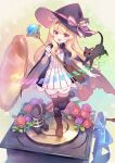  1girl artist_request bandaid bandaid_on_clothes bandaid_on_knee bandaid_on_leg black_thighhighs blonde_hair blue_bow blush boots bow cat cloak dress flower full_body gloves hat highres holding holding_staff large_bow little_witch_nobeta looking_at_viewer nobeta official_art open_mouth phonograph phyllis_(cat)_(little_witch_nobeta) phyllis_(little_witch_nobeta) red_eyes rose smile solo staff standing standing_on_one_leg stuffed_animal stuffed_toy teddy_bear thighhighs white_gloves witch witch_hat 