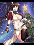  1girl :d bangs black_legwear blue_eyes blurry blurry_background blush borrowed_character breasts brown_hair christmas christmas_ornaments christmas_tree cleavage commentary_request covered_navel cropped_jacket depth_of_field dress fishnet_legwear fishnets fur_trim glint gloves green_scarf hair_ornament hair_scrunchie jacket konshin large_breasts letterboxed long_hair looking_at_viewer one_eye_closed open_clothes open_jacket open_mouth original outside_border red_footwear scarf scrunchie shoes side_cutout single_thighhigh smile solo thighhighs twintails white_dress 