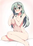  barefoot blush breasts green_eyes green_hair highres hoppege kantai_collection long_hair medium_breasts nude solo suzuya_(kantai_collection) 