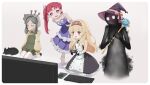  1other 3girls absurdres bare_shoulders blonde_hair blush cat computer_keyboard computer_mouse controller doll_joints dress drill_hair game_controller gloves grey_hair hairband hat highres holding holding_controller holding_game_controller holding_staff joints little_witch_nobeta mob_cap monster multiple_girls nobeta open_mouth phyllis_(cat)_(little_witch_nobeta) phyllis_(little_witch_nobeta) playing_games purple_eyes red_hair shorts sitting smile staff tarian twin_drills twintails white_gloves witch_hat yellow_eyes 