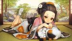  blush brown_hair cat comb flower hair_flower hair_ornament japanese_clothes kimono long_sleeves lying obi oboro_muramasa okoi_(oboro_muramasa) on_stomach sash shigatake smile socks soles solo tatami tree vanillaware wide_sleeves 