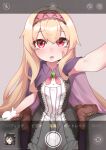  1girl artist_request bandaid bandaid_on_cheek bandaid_on_face blonde_hair blush boots cloak dress flat_chest gloves hairband highres little_witch_nobeta nobeta official_art open_mouth phyllis_(human)_(little_witch_nobeta) phyllis_(little_witch_nobeta) red_eyes selfie sitting tearing_up thighhighs wariza white_gloves 