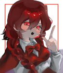  1girl :o arm_under_breasts blush bow bowtie braid breasts capelet collared_shirt haniwa_kue highres long_hair long_sleeves looking_at_viewer medium_breasts okazaki_yumemi pointing pointing_up puffy_sleeves red_bow red_bowtie red_capelet red_hair red_ribbon red_skirt red_vest ribbon shirt skirt solo touhou touhou_(pc-98) upper_body very_long_hair vest white_background white_shirt 