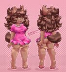 absurd_res anthro barefoot blasticussaturn brown_body brown_hair butt canid canine cioccolata_(blasticussaturn) clothed clothing dress feet female front_view hair hi_res mammal nipple_outline panties panties_down partially_clothed pawpads paws rear_view signature simple_background smile solo tail tail_under_skirt underwear underwear_down upskirt yellow_eyes