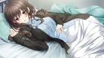  1girl bed bed_sheet black_hair blush breasts embarrassed game_cg highres hoshimi_tsukuyo kissart large_breasts long_hair looking_at_viewer lying mikoto_akemi on_side open_mouth pillow red_eyes skirt solo 