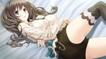  1girl aikawa_arisa_(kissart) ass bed belt black_legwear blue_eyes blush breasts brown_hair collar crossed_arms game_cg highres kissart large_breasts legs long_hair looking_at_viewer lying mikoto_akemi shorts solo thighs 