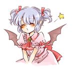  alternate_hairstyle ascot bat_wings blue_hair blush brooch closed_eyes dress incoming_kiss jewelry maru_usagi no_hat no_headwear pink_dress pointy_ears puffy_sleeves remilia_scarlet sash short_sleeves simple_background solo star touhou twintails upper_body v_arms white_background wings 