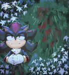  1boy ^_^ animal_ears animal_nose artist_name black_fur blood blood_stain closed_eyes copium_v empty_eyes field flower flower_field frown gloves grass half-closed_eyes hand_on_own_stomach hedgehog hedgehog_boy highres interlocked_fingers lily_(flower) looking_afar lying mourning on_back own_hands_clasped own_hands_together red_streaks sad serious shadow_the_hedgehog signature solo sonic_(series) sonic_generations sonic_x_shadow_generations symbolism white_gloves white_lily 