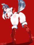  2018 animal_humanoid armwear black_fur black_hair blue_eyes boots breasts butt camel_toe canine canine_humanoid christmas clothed clothing elbow_gloves female fluffy fluffy_tail footwear fur gloves grey_wolf_(kemono_friends) hair hi_res holidays humanoid inner_ear_fluff kemono_friends looking_at_viewer looking_back mammal red_background simple_background skimpy solo underwear wolf_humanoid ylang_llang 