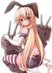  :3 alternate_breast_size ass bad_id bad_pixiv_id black_eyes blonde_hair breasts elbow_gloves gloves hair_ribbon highres kantai_collection large_breasts long_hair looking_at_viewer machinery microskirt open_mouth panties rensouhou-chan ribbon shimakaze_(kantai_collection) shiroie_mika sitting skirt solo striped striped_legwear thighhighs turret underwear wariza 