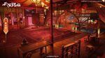  arch architecture bead_curtain building candle candlelight chair chandelier chinese_commentary chinese_text copyright_logo copyright_name curtains east_asian_architecture highres indoors lamp lantern lily_pad mask no_humans official_art painting_(object) red_mask red_theme rug scenery stairs tianguan_cifu translated vase water weibo_watermark 