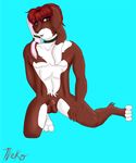  anthro balls collar coy ear_piercing floppy_ears green_eyes hair lagomorph male mammal misphit navel nekoboo paws piercing rabbit red_hair 