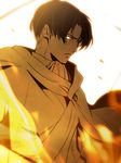  backlighting bad_id bad_pixiv_id banned_artist buttons cape chikage_(kinokodou) fire levi_(shingeki_no_kyojin) male_focus monochrome scarf shingeki_no_kyojin solo undercut 