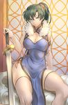  blue_eyes breasts chinese_clothes cleavage curvy earrings fire_emblem fire_emblem:_rekka_no_ken fur_trim green_hair hips jewelry large_breasts long_hair lyndis_(fire_emblem) panties pelvic_curtain ponytail shinon_(tokage_shuryou) side-tie_panties side_slit sword thick_thighs thighhighs thighs underwear weapon wide_hips 