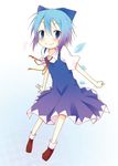  blue_eyes blue_hair bow cirno gradient_hair hair_bow highres hinata_ichi ice ice_wings lavender_hair multicolored_hair musical_note petite short_hair solo touhou white_background wings 