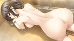  1girl aikawa_arisa_(kissart) all_fours anus backboob bath bathroom blue_eyes blush breasts brown_hair censored from_behind game_cg hanging_breasts highres kissart large_breasts legs long_hair looking_back mikoto_akemi nude pussy solo thighs 