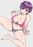  1girl absurdres arm_support asbel_lhant barefoot bikini blue_eyes breasts cutoffs food genderswap highres large_breasts legs navel open_fly popsicle purple_hair short_hair short_shorts shorts solo swimsuit tales_of_(series) tales_of_graces tongue tongue_out unzipped usaginagomu 