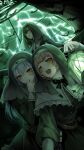  3girls absurdres bat_(animal) black_hair black_hat blonde_hair blue_hair blush cometik_(idolmaster) commentary english_commentary habit halloween_costume hat highres holding holding_lantern idolmaster idolmaster_shiny_colors ikaruga_luca ikuta_haruki indoors lantern looking_at_viewer multicolored_hair multiple_girls nun pink_hair rain red_pupils scar scar_on_cheek scar_on_face smile streaked_hair suzuki_hana takagi_mitsukuni thunder traditional_nun two-tone_hair 