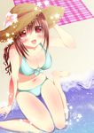  arm_support bad_id bad_pixiv_id barefoot beach bikini blush body_blush breasts brown_hair cleavage front-tie_top hat highres ibuki_haruhi large_breasts long_hair looking_at_viewer looking_up ocean open_mouth original outdoors partially_submerged ponytail red_eyes shiny shiny_skin sitting solo sun_hat swimsuit thigh_gap wariza water 