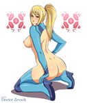  1girl adapted_costume ass blonde_hair blue_eyes blush boots breasts dimples_of_venus doctor_zexxck dr.zexxck elbow_gloves gloves highres kneeling large_breasts long_hair looking_at_viewer looking_back metroid nipples ponytail revealing_clothes samus_aran solo thigh_boots thighhighs zero_suit 