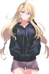  1girl ahoge alternate_costume black_sweater blonde_hair cowboy_shot grey_shorts hands_in_pocket highres hood hooded_sweater iowa_(kancolle) kantai_collection long_hair looking_at_viewer low-tied_long_hair one-hour_drawing_challenge purple_eyes shorts simple_background smile solo sweater tsukasa_(tukasa_br) white_background 