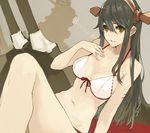  bikini black_hair bobhit brown_eyes front-tie_top hand_on_own_chest haruna_(kantai_collection) headgear highres kantai_collection long_hair looking_at_viewer mecha_musume navel parted_lips smile solo swimsuit 