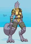  armor barefoot big_feet breasts claws female fin fish grey_skin hindpaw marine muscles nyjasca paws pussy shark simple_background small_breasts thick_tail toes white_eyes 