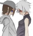  1boy 1girl baseball_cap blue_eyes brown_hair crossover hat looking_at_viewer profile red_eyes sabitsuki short_hair simple_background sketch sleeveless sleeveless_turtleneck turtleneck white_hair witoru yongoh 