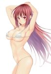  :o armpits arms_up bikini blush breasts collarbone cowboy_shot large_breasts long_hair looking_at_viewer muffin_(sirumeria) navel original parted_lips red_eyes red_hair simple_background skindentation solo strap_gap swimsuit white_background 