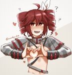  1girl ? ahoge blush bow covering_nipples covering_privates cropped_torso drill_hair flat_chest hair_bow hato_no_mune_wo_momitai heart heart-shaped_pupils heart_hands kasane_teto kasane_teto_(sv) looking_at_viewer navel open_mouth red_eyes red_hair short_hair shrug_(clothing) solo sweat symbol-shaped_pupils synthesizer_v twin_drills twitter_username upper_body 