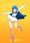  blue_eyes blue_hair dress eyelashes full_body gradient gradient_background happinesscharge_precure! happy heart jumping long_hair looking_at_viewer open_mouth orange_background precure shirayuki_hime shoes smile solo translation_request ukokkei yellow_background 