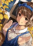  autumn autumn_leaves bow brown_eyes brown_hair hair_bow hairband hangaku_(araara0616) looking_at_viewer original short_hair smile solo upper_body window 