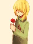  androgynous blonde_hair flower hair_over_one_eye holding long_hair nostalgic raina7seven red_eyes solo turtleneck 