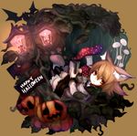  animal_ears blonde_hair book expressionless from_above fungus halloween happy_halloween holding holding_book kumauwo lamppost looking_at_viewer looking_up mushroom plant pumpkin short_hair skirt solo thighhighs urotsuki wolf_ears yume_2kki zettai_ryouiki 