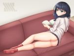  1girl artist_name ass black_hair black_skirt blue_eyes blush book cardigan closed_mouth couch eyebrows_visible_through_hair female full_body kneepits looking_at_viewer looking_back lying no_panties on_couch on_side pleated_skirt shiny shiny_skin skirt socks solo ssss.gridman takarada_rikka white_cardigan yanows 
