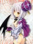  animal animal_hug ass black_legwear bottomless breasts capelet cat demon_wings from_behind garters hat high_school_dxd highres looking_back miyama-zero mouth_hold nipples scan short_hair single_wing small_breasts solo thighhighs toujou_koneko white_hair wings yellow_eyes 