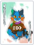 .96_gal anthro badge balatro blue_body blue_fur brown_clothing brown_pupils brown_shirt brown_topwear canid canine canis card clothing constructed_script fur generation_3_pokemon half-length_portrait head_tuft holding_object holding_weapon hybrid ink inkling_text joker_(playing_card) kirbio_art looking_at_viewer male mammal messy nintendo orange_eyes orange_gills orange_nose orange_sclera paint persim_scarf playing_card pokemon pokemon_(species) pokemon_mystery_dungeon portrait pupils scarf shirt smeared solo spike_chunsoft splatoon suit_symbol swampert text topwear tuft weapon wolf xevy